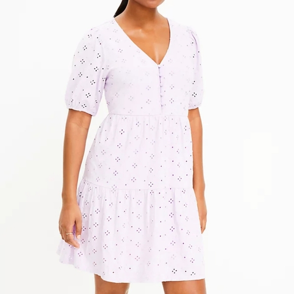 LOFT Eyelet Embroidered Puff Sleeve Button Tiered Purple Swing Dress M - Picture 1 of 10